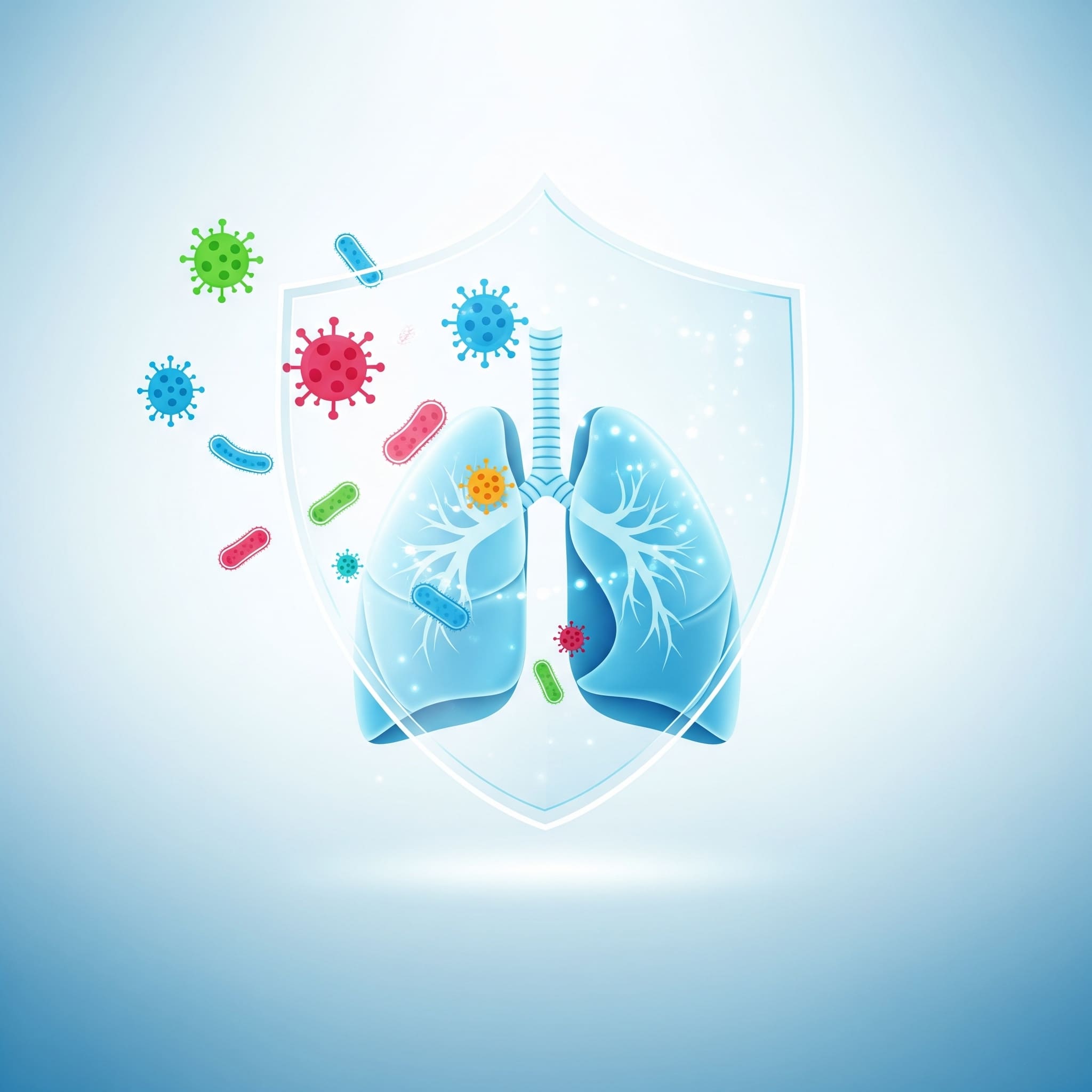 Infecciones respiratorias agudas. Pulmones saludables protegidos de gérmenes por un escudo de energía.